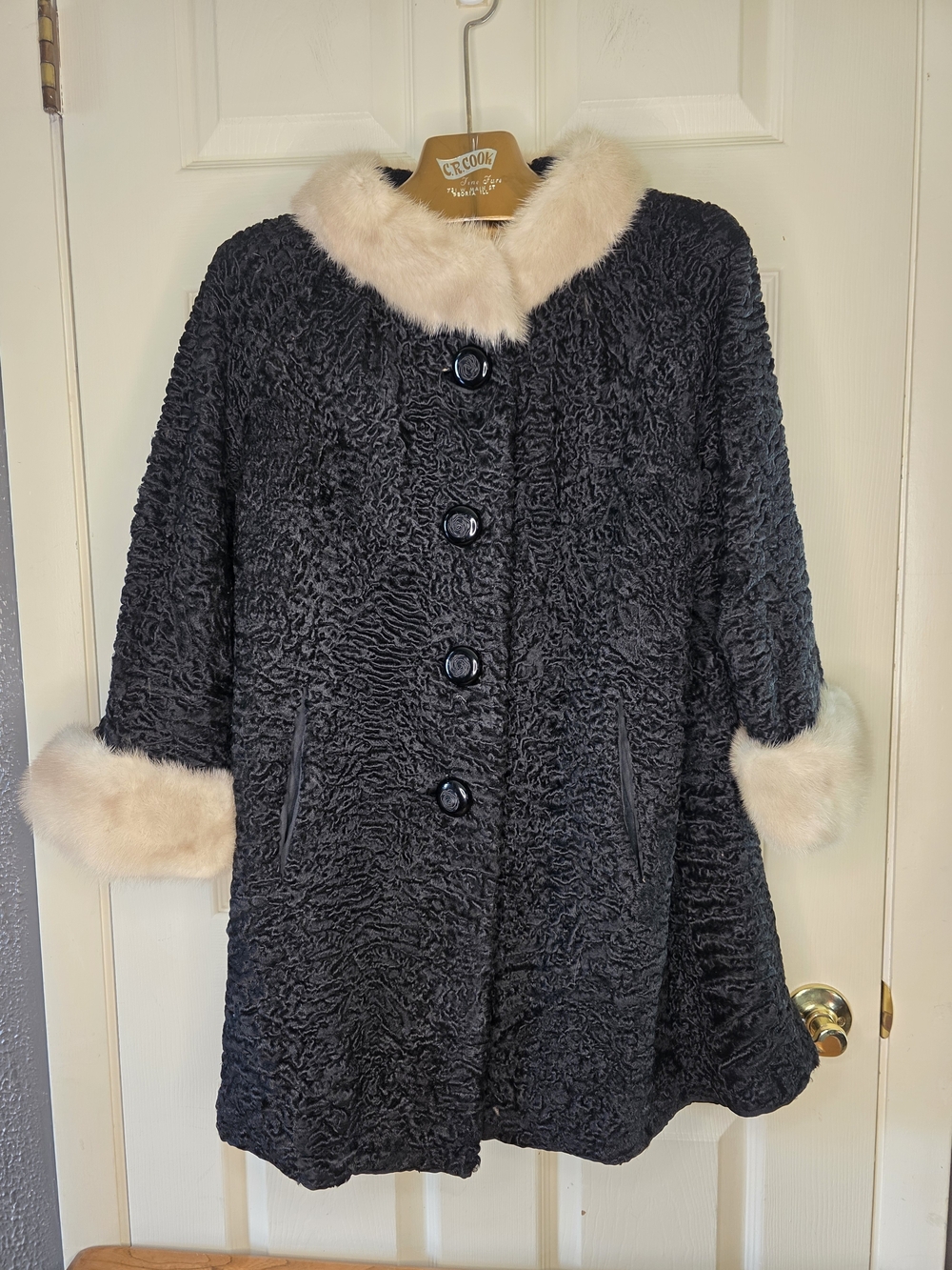 VTG C.R. Cook Real Black Persian Lamb Fur Coat Blonde Mink Trim AS IS Read L